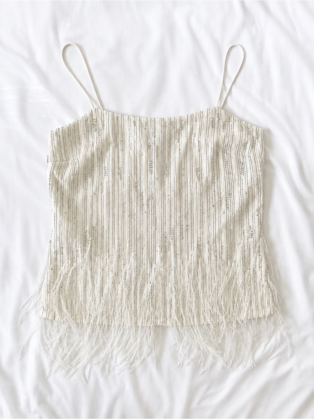 Lauren Ralph Lauren | Vintage White Sequin Feather Trim Cami Top Bridal Y2K